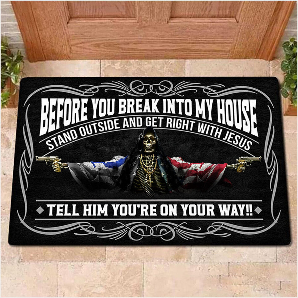 Thin Blue Line Flag And USA Flag Skull With Gun Doormat Before You Break Into My House Doormat-1