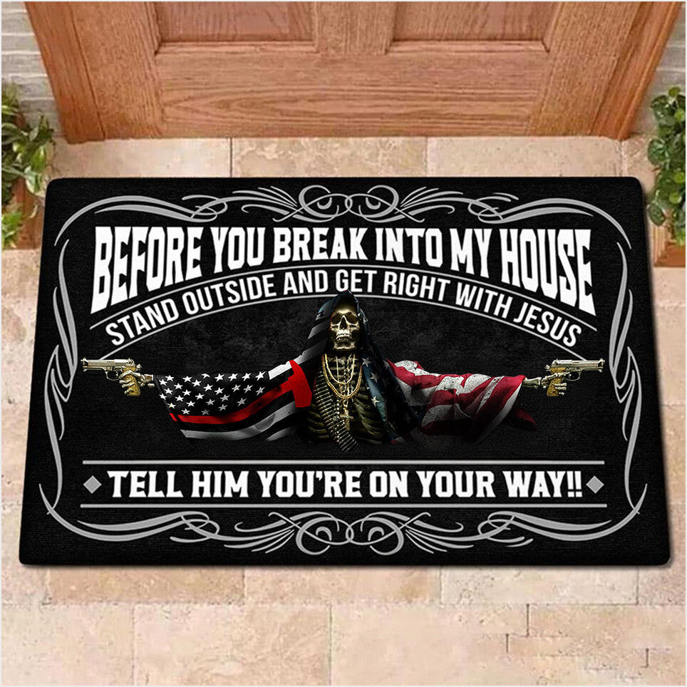 Thin Red Line Flag And USA Flag Skull With Gun Doormat Before You Break Into My House Doormat-1