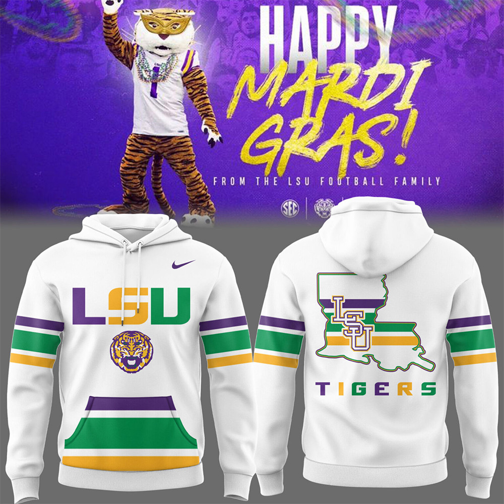 Tigers NCAA 2025 Mardi Gras 2025 White Hoodie-1