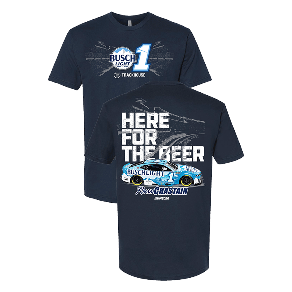 Trackhouse Merch Ross Chastain 1 Busch Light Here For The Beer Navy T-Shirt Step Dad Gifts-1