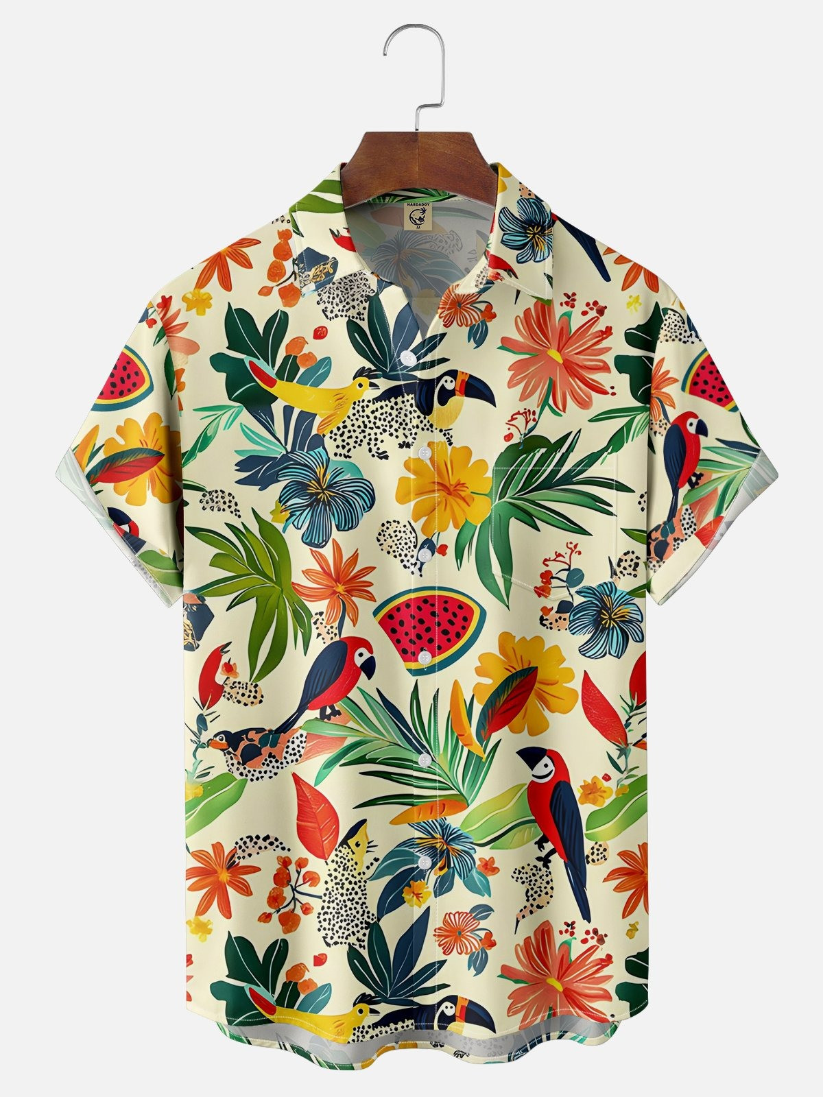 Tropical Palm Tree Parrot Floral Chest Pocket Hawaiian Shirt-1