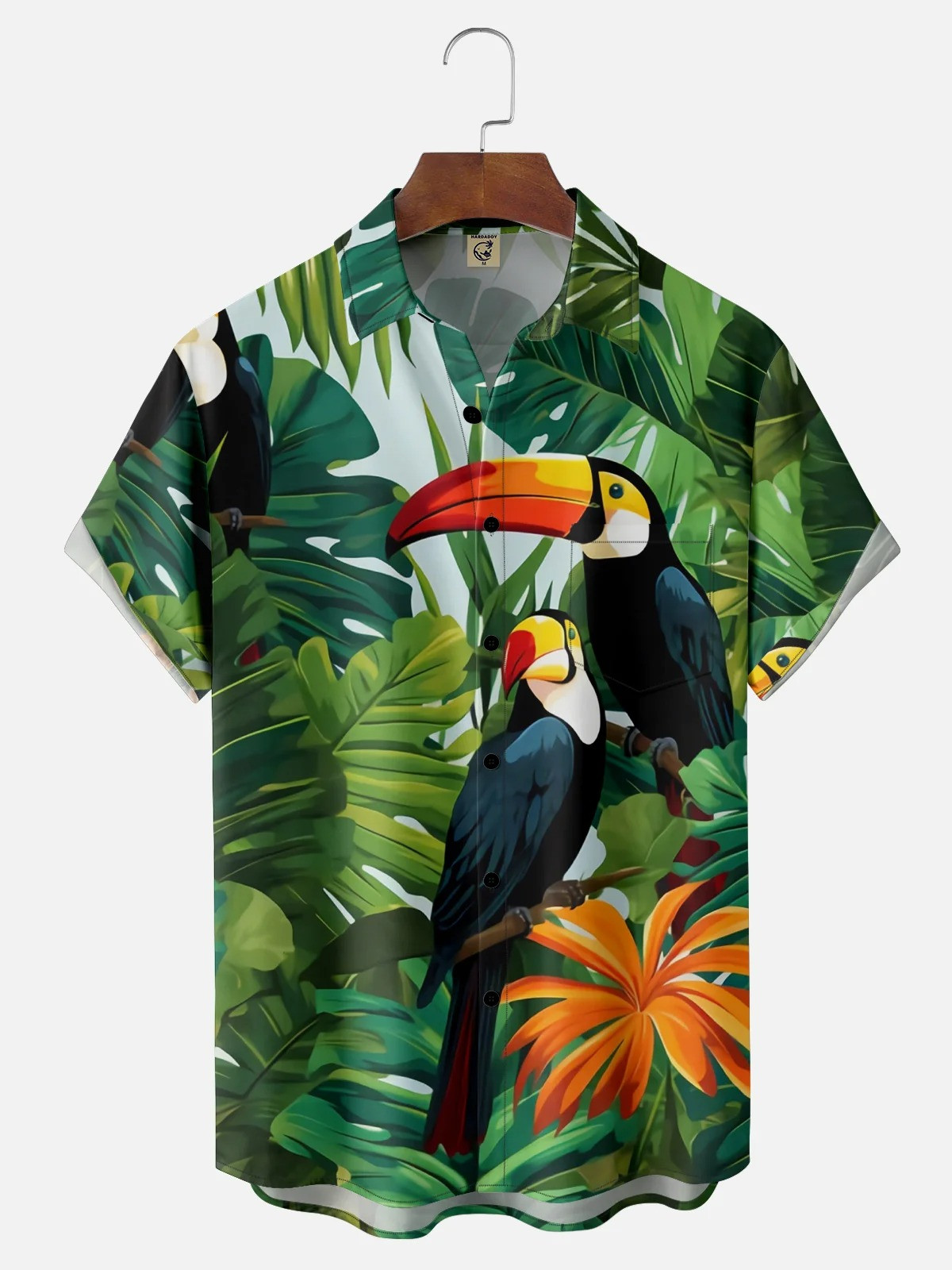 Tropical Palm Tree Toucan Parrots Chest Pocket Hawaiian Shirt-1