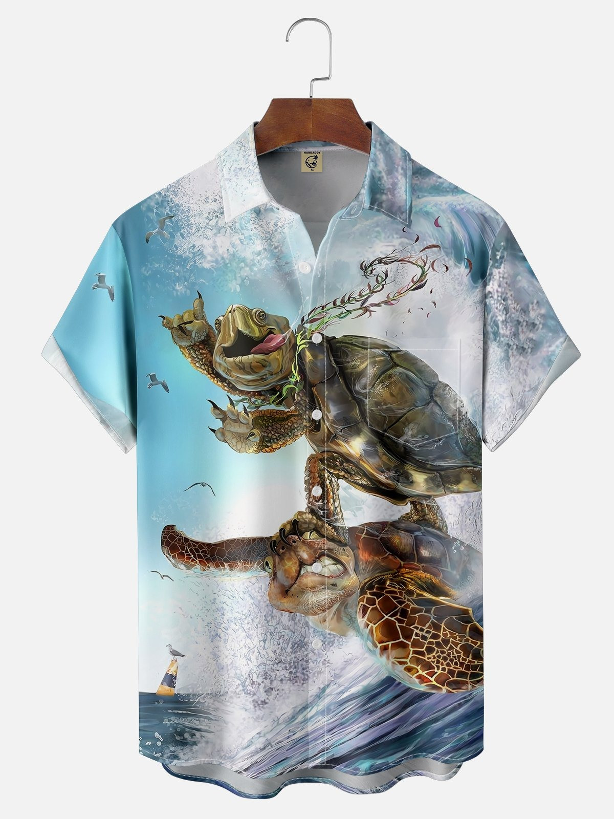 Turtle Surfing Art Parody Chest Pocket Hawaiian Shirt-1