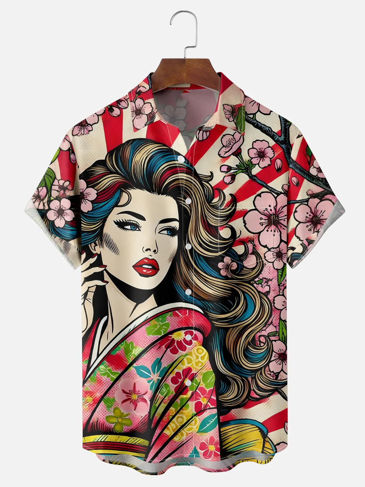 Ukiyo-e American Girl Chest Pocket Hawaiian Shirt-1