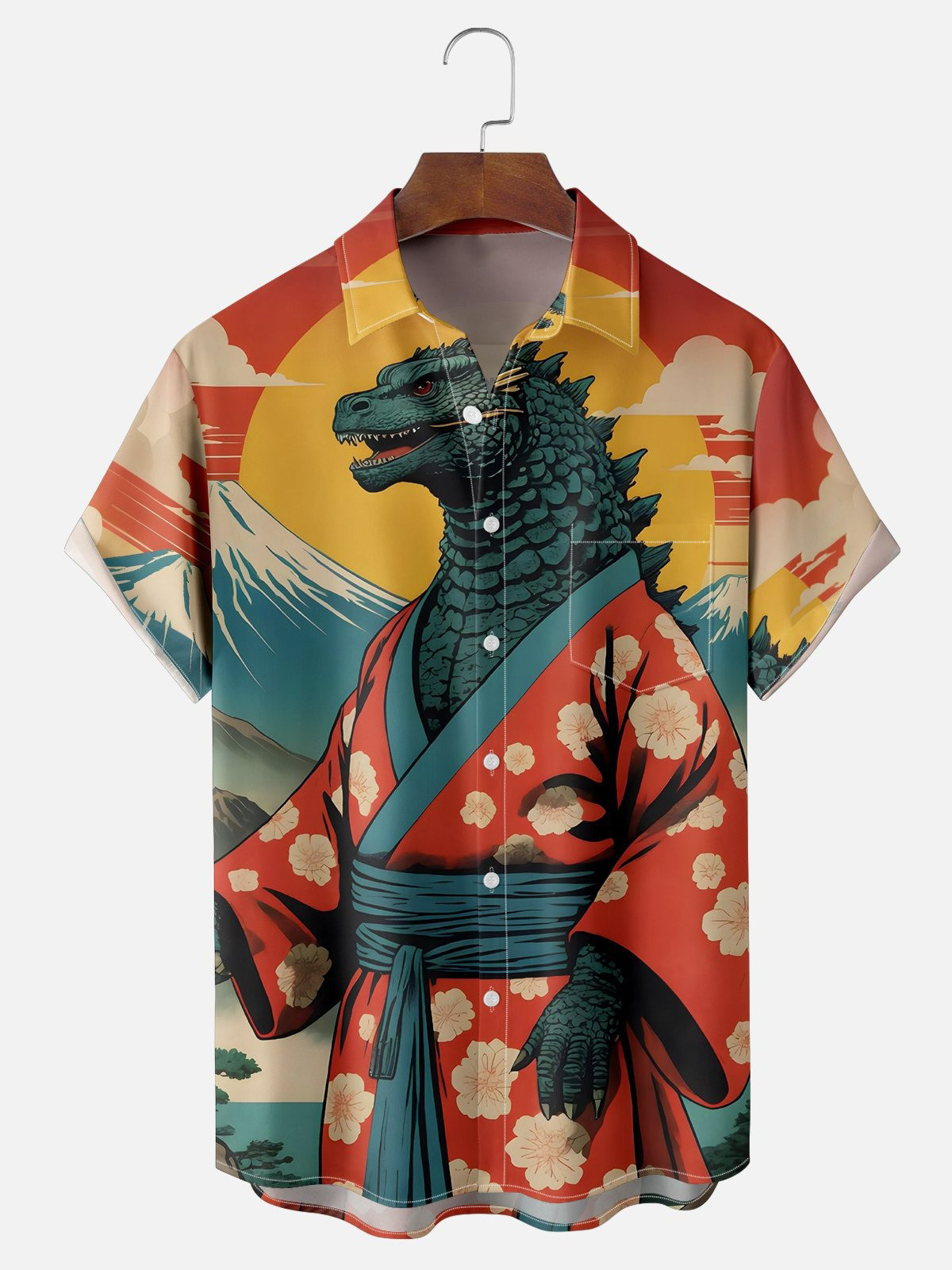 Ukiyo-e Dinosaur Chest Pocket Hawaiian Shirt-1