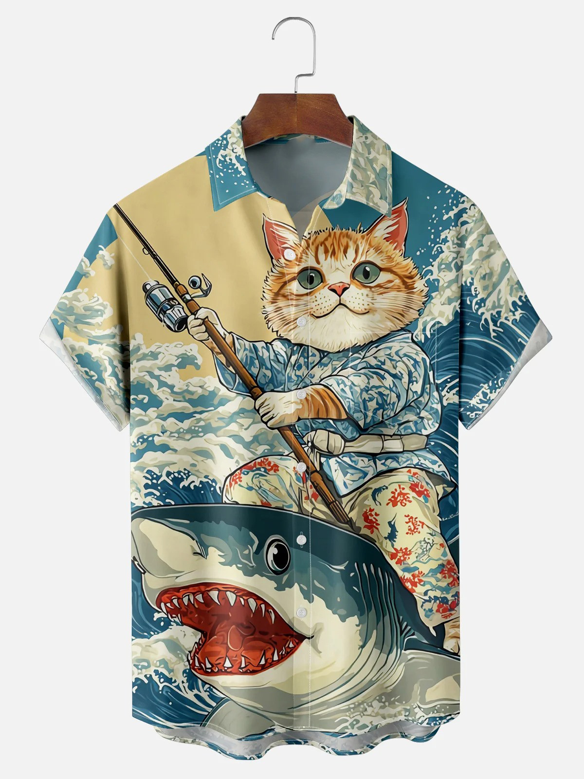 Ukiyo-e Wave Shark Cat Chest Pocket Hawaiian Shirt-1