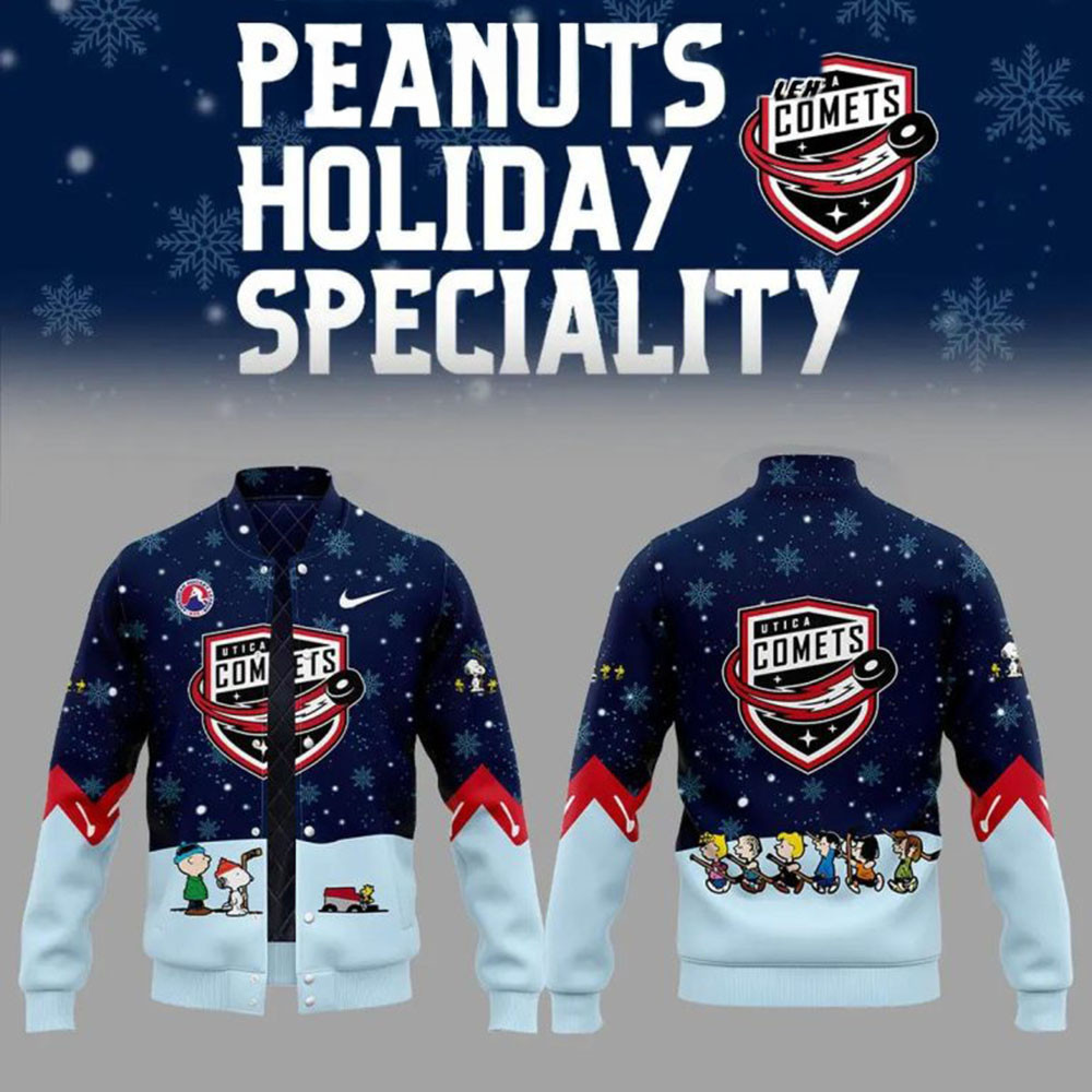 Utica Comets Peanuts Snoopy Celebrating Christmas Night Baseball Jacket Gifts For Fans-1