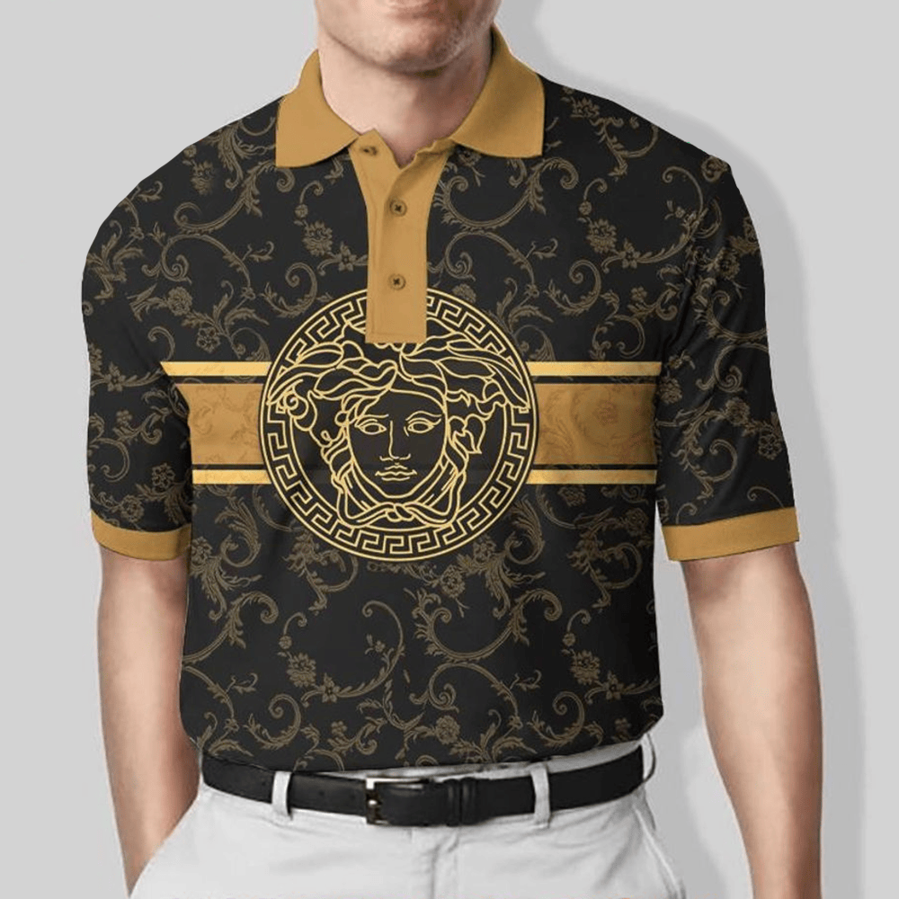 Versace Royal Luxury Black And Gold Pattern Polo Shirt Top 10 Father's Day Gifts-1