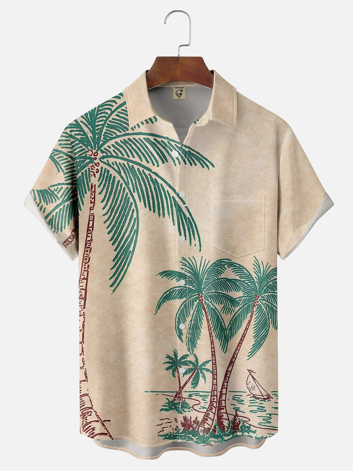Vintage Classic Art Coconut Tree Chest Pocket Hawaiian Shirt-1