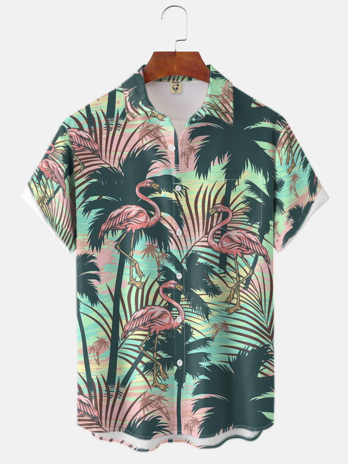 Vintage Coconut Tree Flamingo Art Print Chest Pocket Hawaiian Shirt-1 Vintage Coconut Tree Flamingo Art Print Chest Pocket Hawaiian Shirt-1