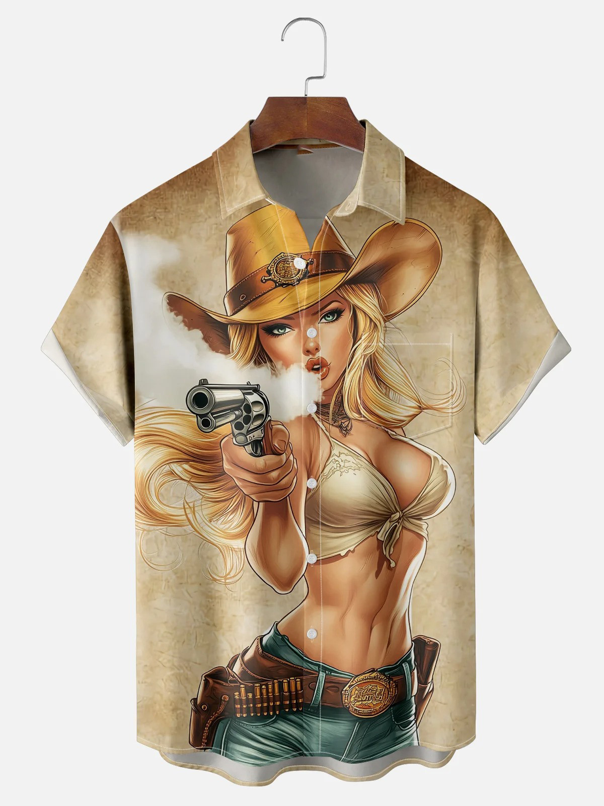 Vintage Denim Girl Chest Pocket Hawaiian Shirt-1