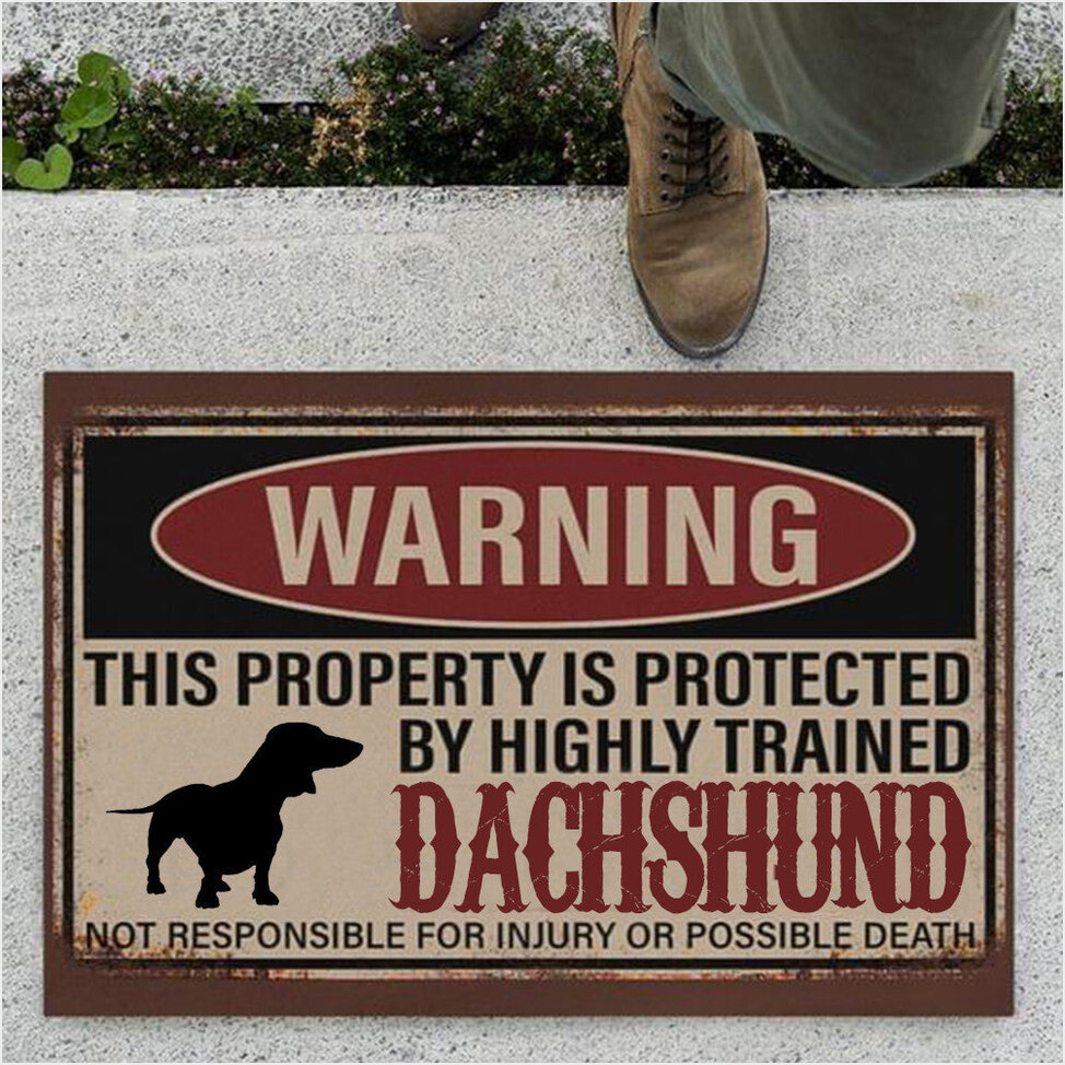 Warning Protected By Highly Trained Dachshund Doormat Humor Fun Front Door Welcome Mats-1
