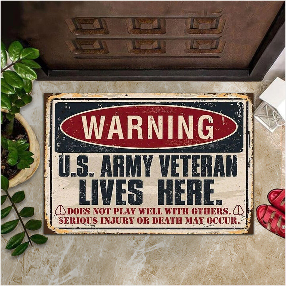 Warning US Army Veteran Lives Here Doormat Proud Army Veteran Retro Doormat Home Decor-1