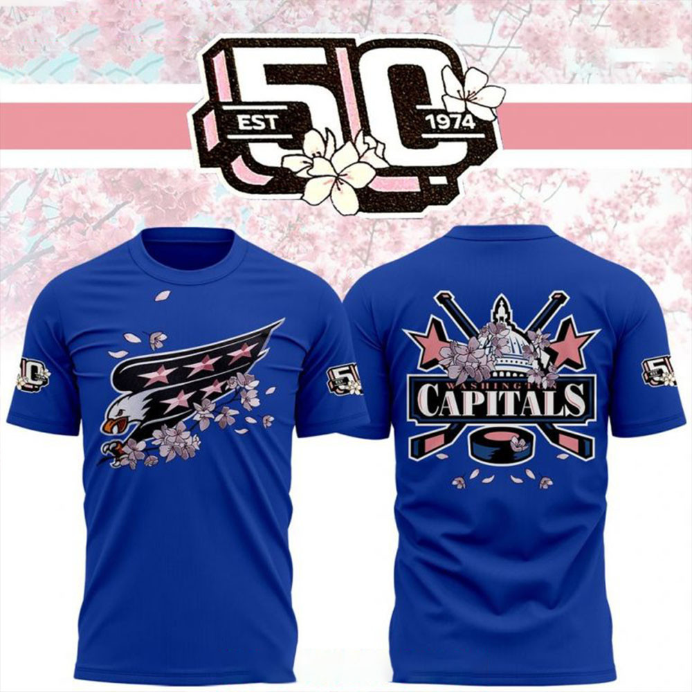 Washington Capitals 50th Anniversary Cherry Blossom Blue T-Shirt Gifts For Husband-1