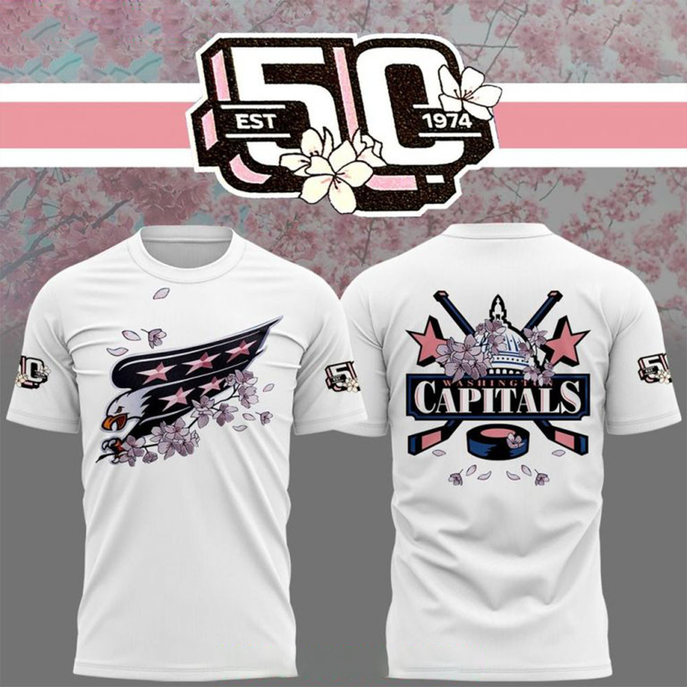 Washington Capitals 50th Anniversary Cherry Blossom White T-Shirt Gifts For Dad-1