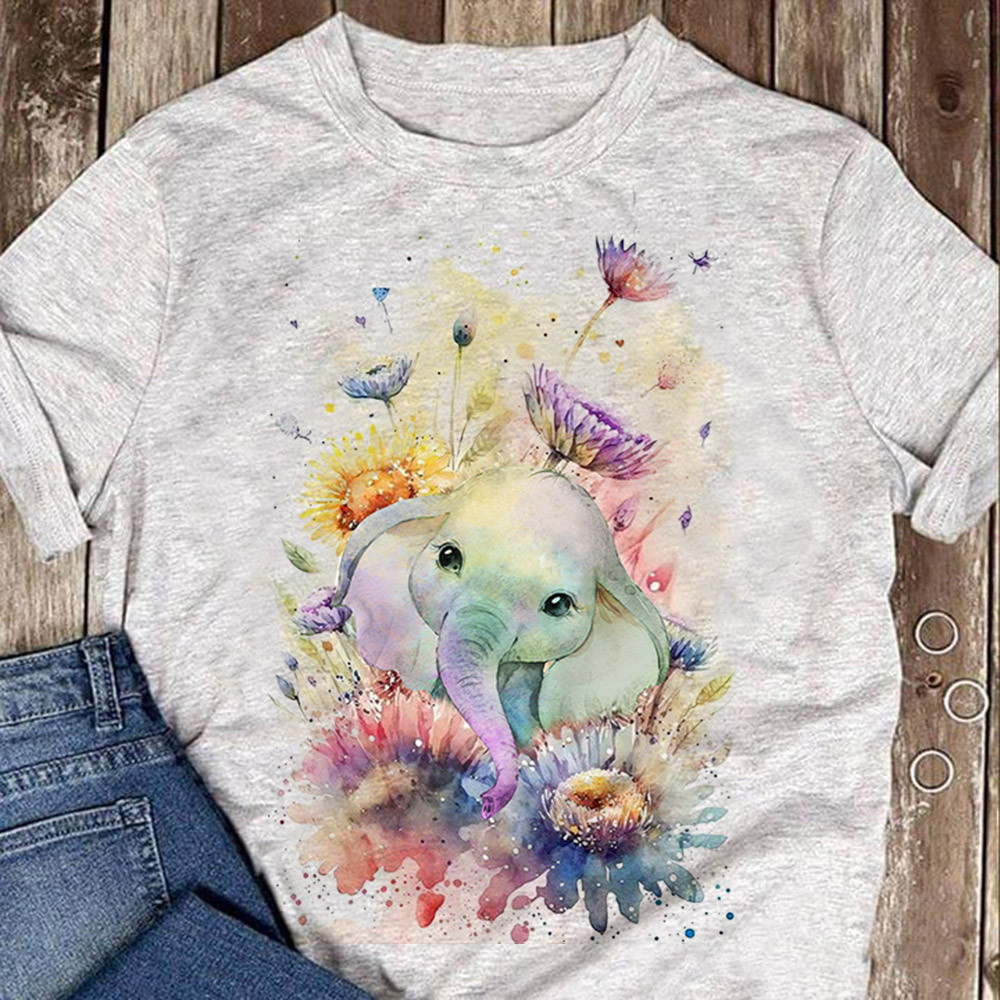 Watercolor Baby Elephant With Flowers Shirt Elephant Lovers Cute T-Shirt Gift Ideas-1