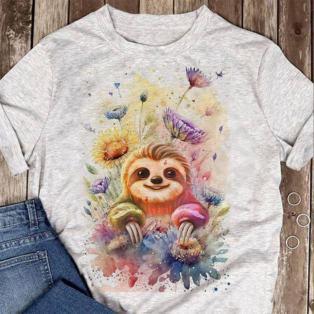 Watercolor Baby Sloth With Flowers Shirt Cute Graphic T-Shirt Gifts For Sloth Lovers-1