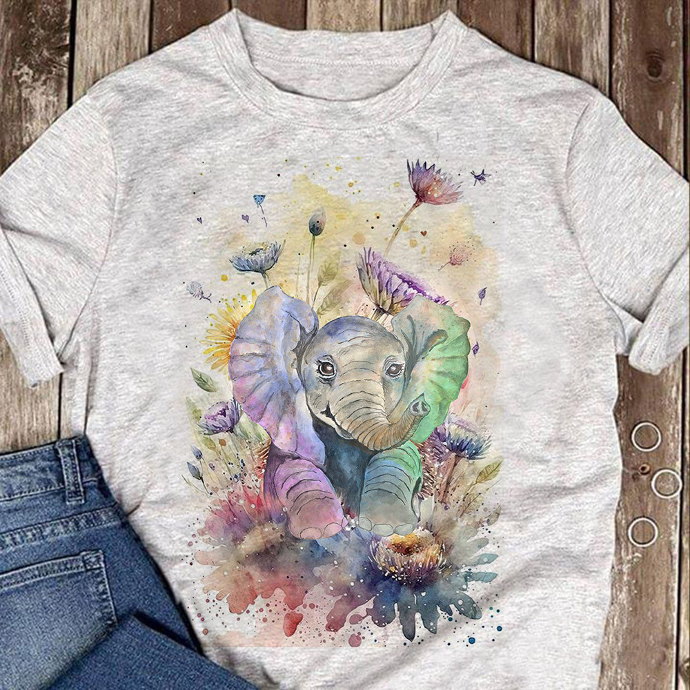 Watercolor Elephant With Flowers Shirt Cute Graphic Tees Gifts For Elephant Lovers-1