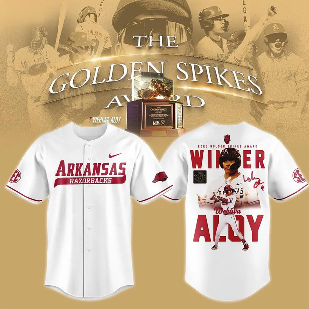Wehiwa Kapahulehua Aloy 2025 Golden Spikes Award Winner Baseball Jersey Razorbacks Merch-1 Wehiwa Kapahulehua Aloy 2025 Golden Spikes Award Winner Baseball Jersey Razorbacks Merch-1