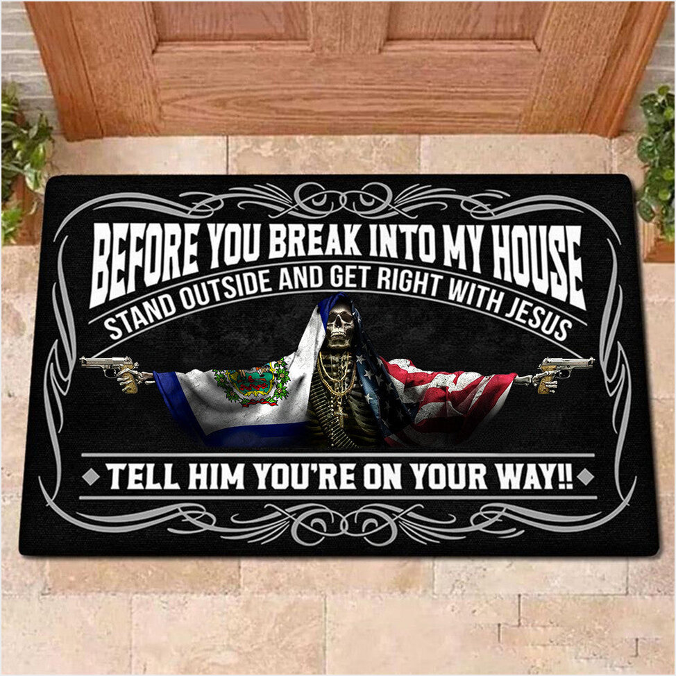 West Virginia Flag And USA Flag Skull With Gun Doormat Before You Break Into My House Doormat-1