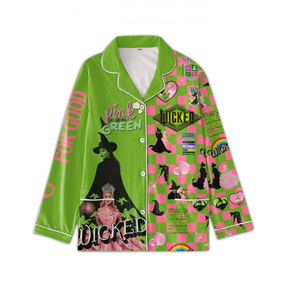 Wicked Pink Goes Good With Green Pajamas Set Wicked Merch For Fans Best Gifts For Wife-1