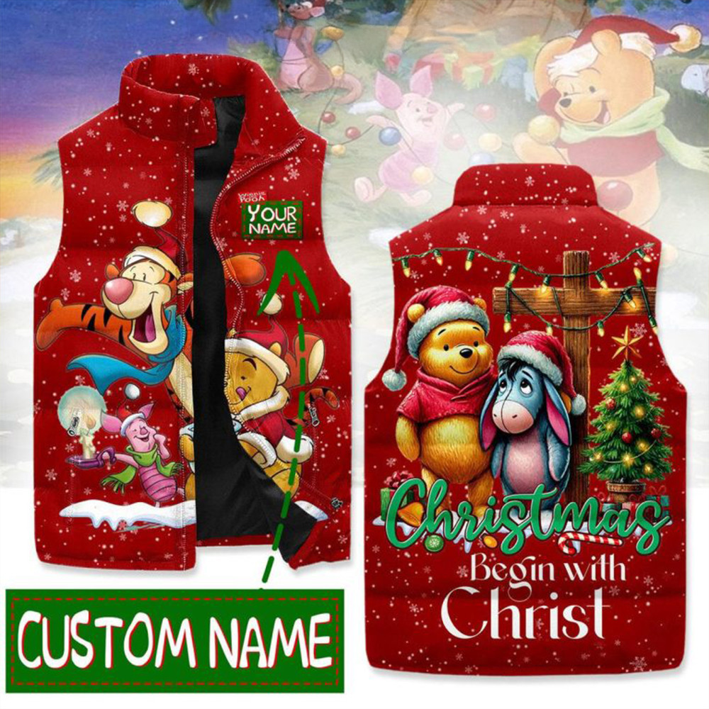 Winnie The Pooh Christmas Begins With Christ Sleeveless Puffer Jacket Gifts For Movie Fans-1