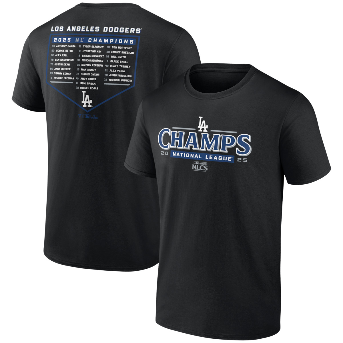 World Series Merch 2025 Los Angeles Dodgers National League Champions Bloop Single Roster T-Shirt-1