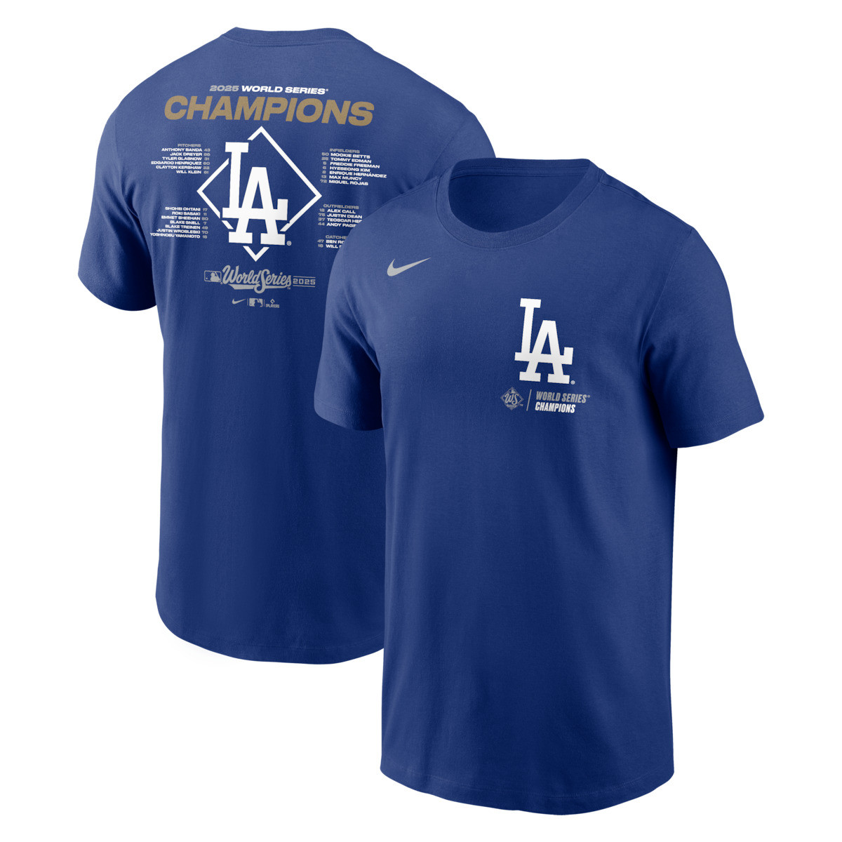 World Series Merch 2025 Los Angeles Dodgers Nike Royal 2025 World Series Champions Roster T-Shirt-1