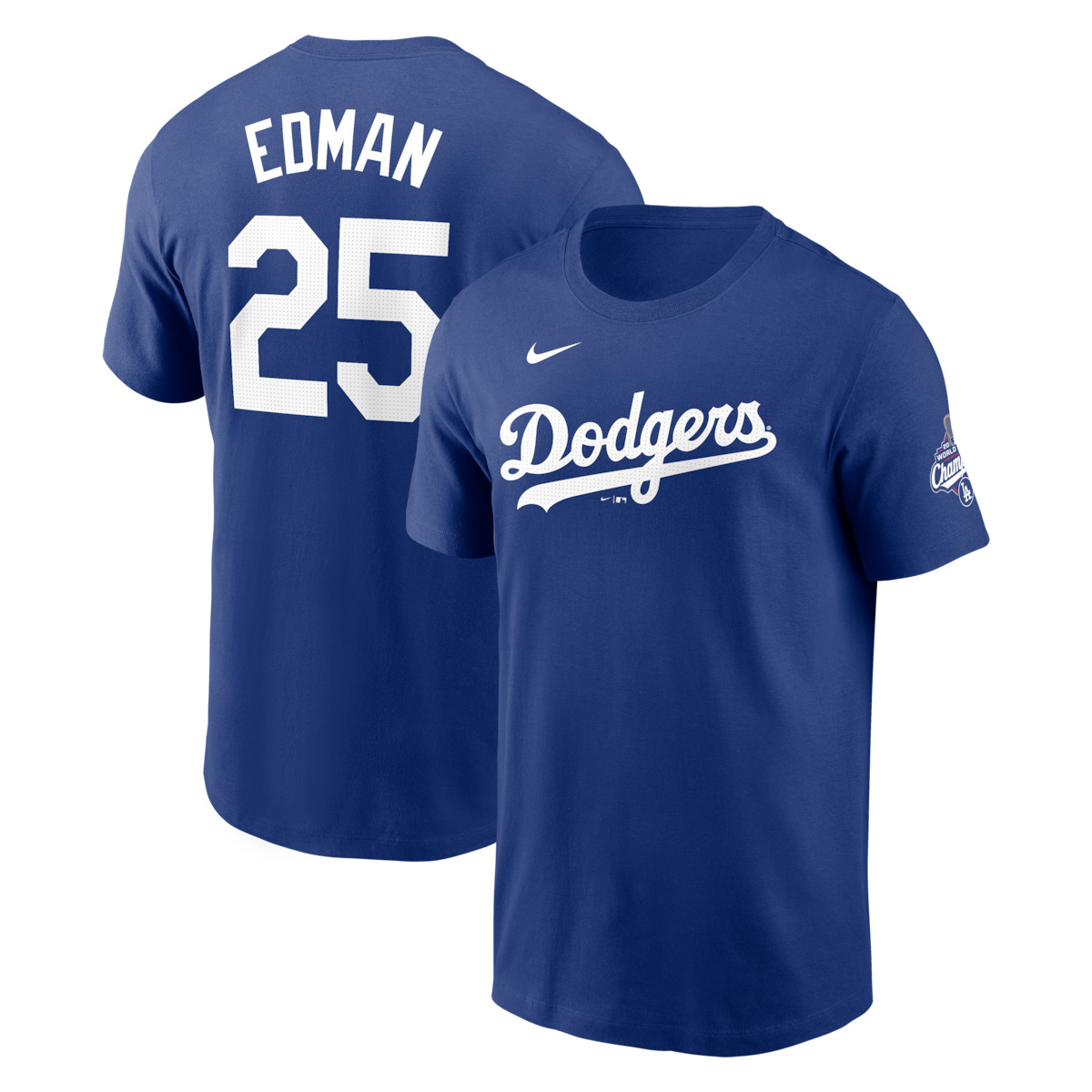 World Series Merch 2025 Los Angeles Dodgers Tommy Edman Nike Royal 2025 World Series Champions T-Shirt-1
