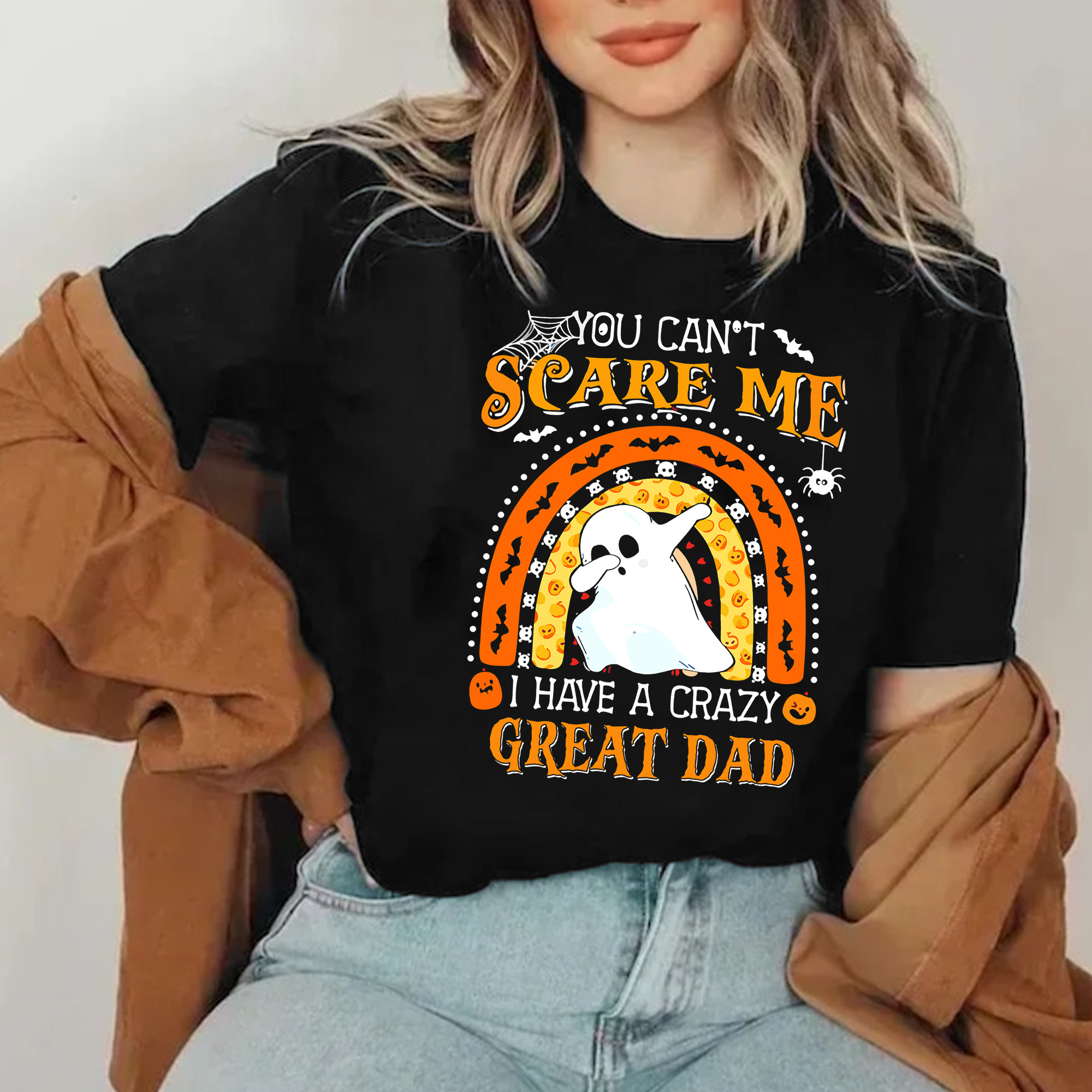 You Can't Scare Me I Have A Crazy Great Dad Shirt Dabbing Ghost Funny Halloween Gifts-1